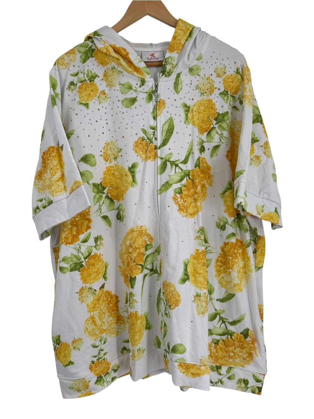 Quacker Factory NWT Zip Short Sleeve Jacket Yellow Roses Size 3X Sweatshirt Hood